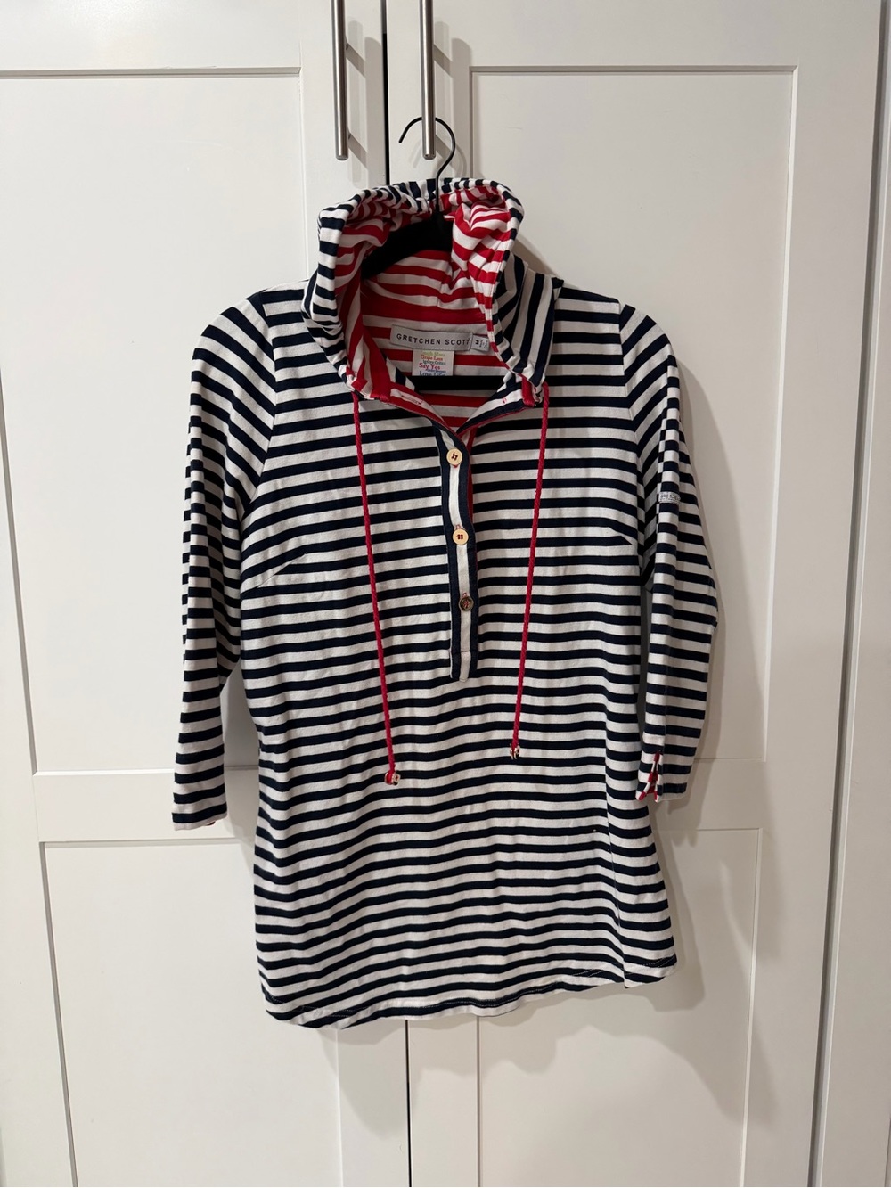 Gretchen Scott Navy and Red Striped Hooded Pullover Tunic
